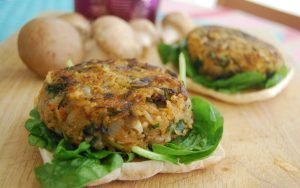 vegan and gluten-free mushroom veggies rice burger